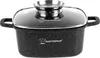 A black pot with a speckled pattern and a glass lid with a silver rim and handle. Produktbild-Vorschau