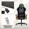 A collage of images showcasing a gaming chair with RGB lighting, a wireless charger, and a remote control. Náhľad obrázku produktu
