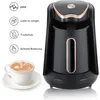 A black Turkish coffee maker with gold accents is shown next to a cup of coffee. Icons and text describing features are on the left. Produktbild-Vorschau
