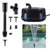 A collage of a pond pump and its accessories, with a separate image showing the pump in use creating a fountain in a pond. Produktbild-Vorschau