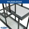 A close-up view of a black metal plant stand with multiple shelves, featuring a blue banner at the top with text and a logo at the bottom. Podgląd zdjęcia produktu