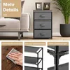 A lifestyle shot showing a gray fabric drawer nightstand with a metal frame next to a sofa and a plant. The image also includes close-ups of product features. Podgląd zdjęcia produktu