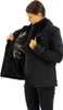 A woman is wearing a black Columbia jacket and showing the inside of the jacket. Produktbild-Vorschau