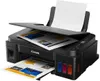 A black Canon PIXMA G2410 printer is shown with paper in the input tray and output tray. Produktbild-Vorschau