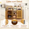 A bamboo storage cabinet with multiple shelves and two doors, shown in a kitchen-like setting. Insets highlight product features. Podgląd zdjęcia produktu