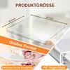 A clear acrylic cutting board is shown with dimensions and instructions for use. Produktbild-Vorschau