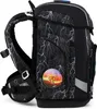 Side view of a black backpack with a lightning bolt pattern. Produktbild-Vorschau