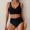 Bikiny s vysokým pasem - Dvoudílné plavky černé - Řasené Náhled obrázku produktu 4