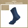 A pair of dark blue socks is displayed against a white background, with a brown textured border and text overlay. Produktbild-Vorschau