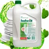 A large bottle of Ludwik dish soap with mint flavor, surrounded by mint leaves and a splash of liquid. A stack of clean white plates is also visible. Náhled obrázku produktu