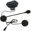 A black motorcycle helmet Bluetooth headset with two earbuds and a microphone, shown against a white background. Produktbild-Vorschau
