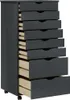 A dark gray tall cabinet with multiple drawers, some of which are slightly open, revealing natural wood drawer interiors and supports. The cabinet is on small wheels. Náhled obrázku produktu