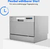 A silver MEDION tabletop dishwasher is shown on a white surface with a light gray background. Text overlays highlight features. Produktbild-Vorschau