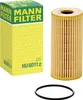 A product shot of a Mann Filter oil filter and its packaging. Produktbild-Vorschau