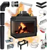 A collage of fireplace insert components and accessories, with a fireplace insert with burning logs in the center. Produktbild-Vorschau