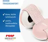 A close-up marketing image of pink baby ear defenders with a striped headband, featuring text highlighting comfort and product features. Produktbild-Vorschau