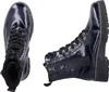 Two views of a pair of blue patent leather lace-up boots with zippers, set against a white background. Produktbild-Vorschau