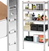 A metal shelving unit filled with various items, including boxes, containers, and bottles, in what appears to be a garage or storage area. Náhľad obrázku produktu