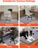 A collage of four images showing a chair mat in different settings: a study room, an office, a gaming setup, and with a pet dog. Produktbild-Vorschau