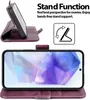 A flip case for a smartphone is shown in two configurations: open and closed, with a graphic illustrating its stand function. Produktbild-Vorschau