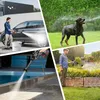 Collage of four scenes showing a portable pressure washer being used for various tasks: washing a car, playing with a dog, cleaning a pool area, and watering plants. Produktbild-Vorschau
