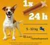 A happy dog is shown next to information about a dog treat. Produktbild-Vorschau