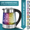 A glass electric kettle with LED lighting that changes color based on temperature, shown with various temperature color examples on the right side. Produktbild-Vorschau
