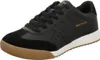 A black SKECHERS sneaker with a gum sole and gold branding on a white background. Produktbild-Vorschau