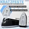 A product shot of a steam ironing station with marketing text and close-ups of the iron's soleplate. Produktbild-Vorschau