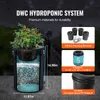 A hydroponic system setup with a plant growing in a bucket, surrounded by marketing graphics and text. Voir les images du produit