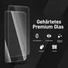 Marketing image showcasing tempered glass screen protectors with feature icons. Produktbild-Vorschau