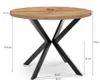 A round dining table with a wooden top and black metal legs, shown with dimensions indicated by measurement lines and text. Náhled obrázku produktu
