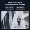 A man walks down a pathway while a camera tracks him, with text overlay describing auto-tracking features. Produktbild-Vorschau