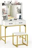 A white vanity table with gold legs and a matching stool, set against a white background. Náhľad obrázku produktu
