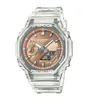 A clear, close-up studio shot of a transparent G-Shock watch with a rose gold face. Voir les images du produit