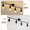 A split image showing a black track light fixture with four exposed bulbs. The top panel shows the lights on, and the bottom panel shows them off. Text labels 'EIN' (ON) and 'AUS' (OFF) are present. Voir les images du produit