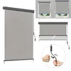 A collage of images showing a gray roller blind with a crank mechanism, demonstrating its installation and operation. Náhled obrázku produktu