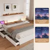 A modern bedroom with a white bed featuring LED lighting and drawers, alongside app interface screenshots. Produktbild-Vorschau