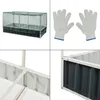 A collage of four images showing different views of a raised garden bed with a net cover and a pair of gloves. Produktbild-Vorschau
