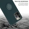 A dark green phone case with a ring holder is shown at an angle, with a cracked concrete floor in the foreground and a white background with a subtle grid pattern. Produktbild-Vorschau