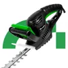 A close-up shot of an electric hedge trimmer with green and black accents, set against a white background with green geometric shapes. Náhľad obrázku produktu