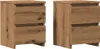 Two wooden nightstands with two drawers each, shown from the front and side.