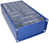 A blue metal storage box with multiple clear plastic compartments and lids, shown from a slightly elevated angle against a white background. Produktbild-Vorschau
