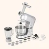 A silver kitchen appliance with multiple attachments is displayed on a light background. Produktbild-Vorschau