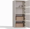 A tall, narrow, open-fronted cabinet with four shelves, displaying a cap on the top shelf and two fabric storage baskets on the lower shelves. The cabinet doors are open and visible on the right side. Anteprima dell’immagine prodotto
