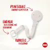 A product image of a pacifier clip with text callouts highlighting its features. Produktbild-Vorschau