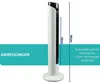 A white tower fan with black accents is shown against a white background with a teal overlay containing text and measurement indicators. Produktbild-Vorschau