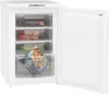 A white upright freezer with its door open, showing several drawers filled with frozen food items. Produktbild-Vorschau