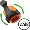 A close-up of an orange and black ear protection device with green arrows indicating movement and a circle with text. Produktbild-Vorschau