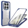 A blue and clear phone case is shown from two angles against a white background. One angle shows the back of the case with the camera cutout, and the other shows the front with the phone partially inserted. Produktbild-Vorschau